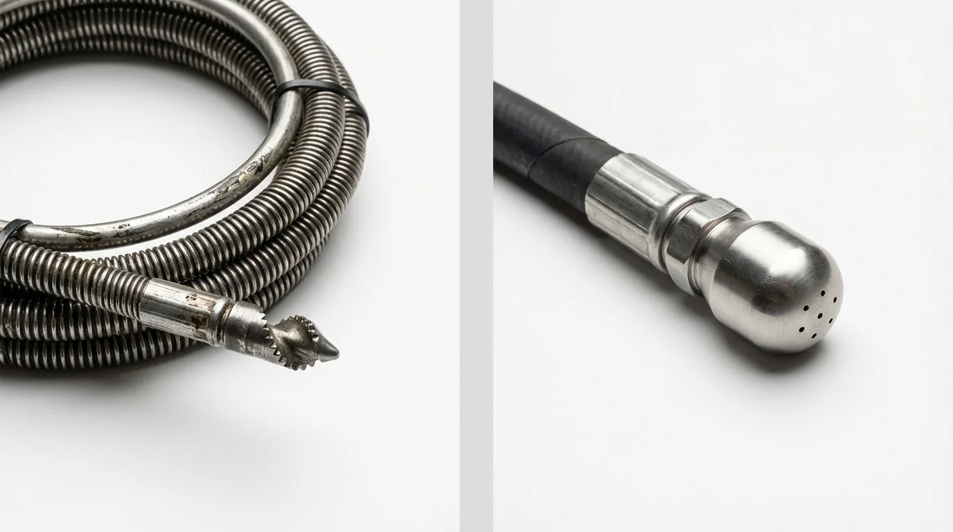 Drain snake cable and hydro jetting nozzle used for drain cleaning in Jackson, NC