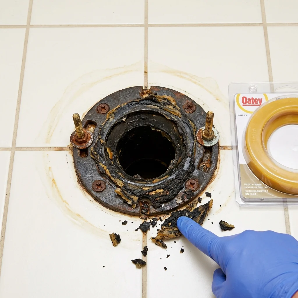 Failed wax ring showing water seepage at the base of a toilet in a Jackson, NC home